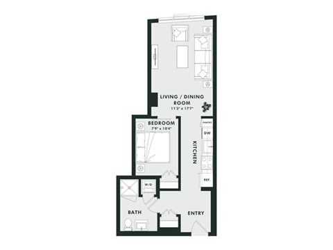 Floor plan for 1 bed, 1 bath, 584 sqft